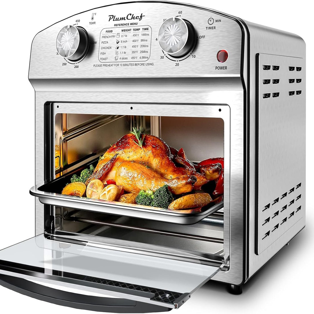Stainless Steel 12.5 Qt Air Fryer, Dual Knob Control, 60-Min Timer, Presets For French Fries, Pizza, Chicken, Fish, And Toast Sleek Design, Healthy Cookie, Amazon Resale Prohibited