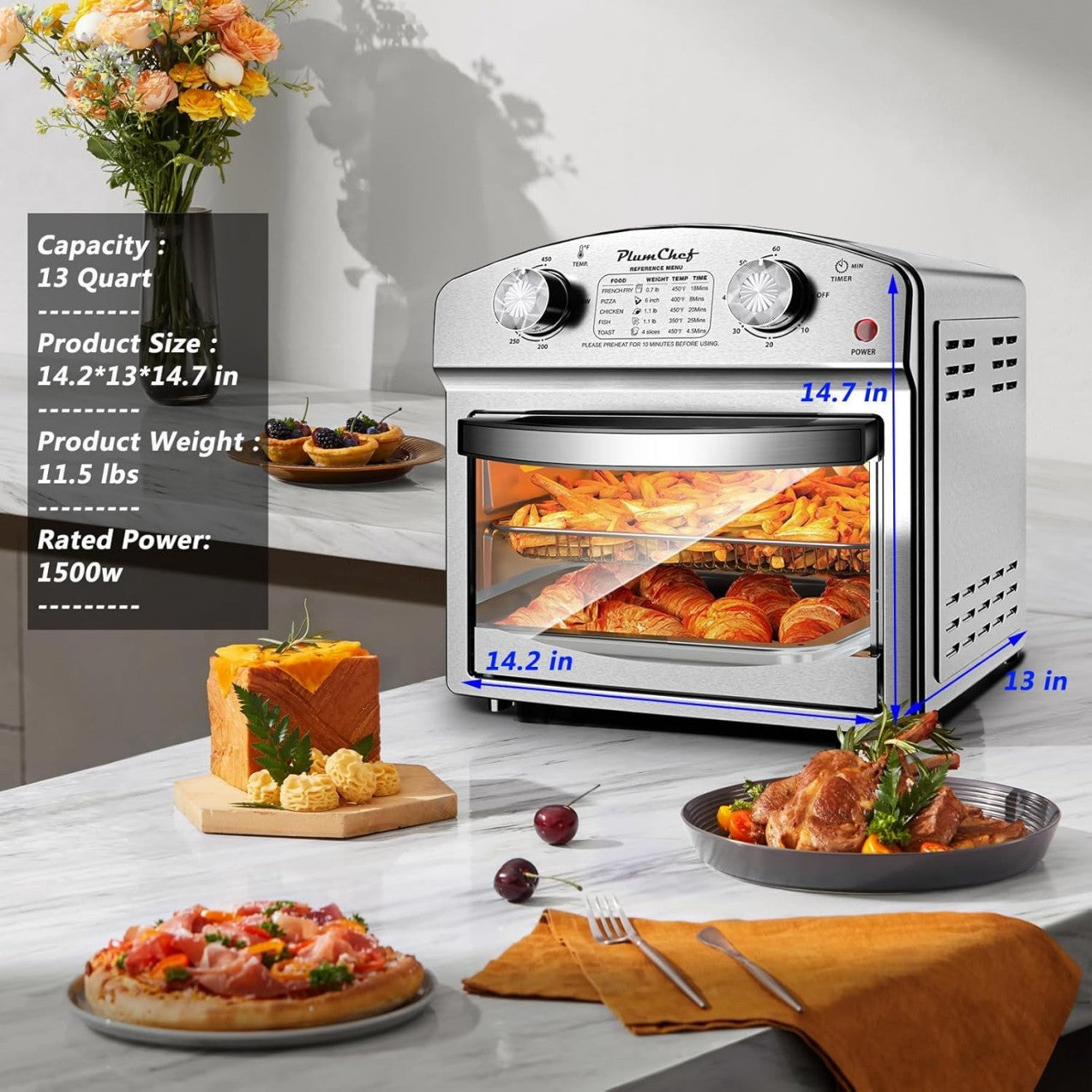 Stainless Steel 12.5 Qt Air Fryer, Dual Knob Control, 60-Min Timer, Presets For French Fries, Pizza, Chicken, Fish, And Toast Sleek Design, Healthy Cookie, Amazon Resale Prohibited