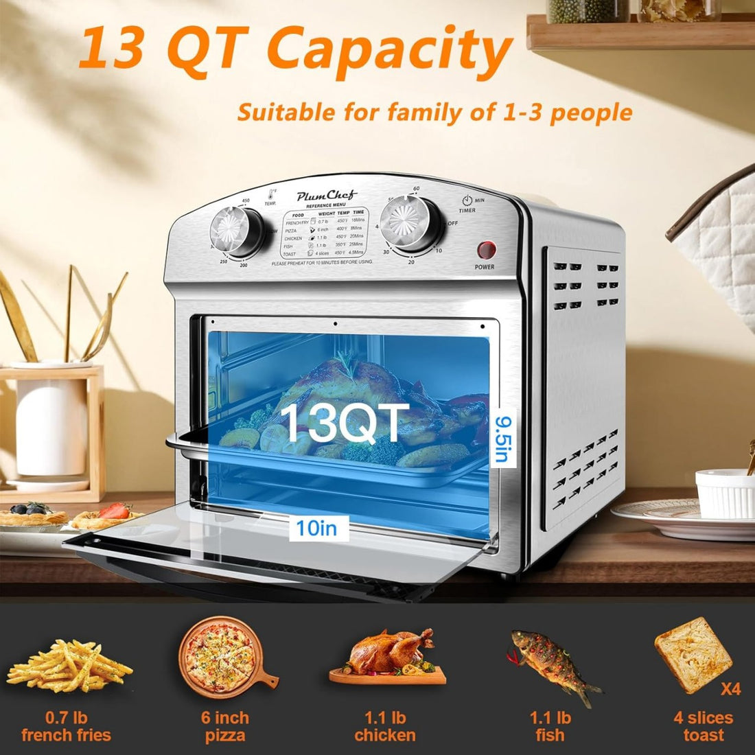 Stainless Steel 12.5 Qt Air Fryer, Dual Knob Control, 60-Min Timer, Presets For French Fries, Pizza, Chicken, Fish, And Toast Sleek Design, Healthy Cookie, Amazon Resale Prohibited