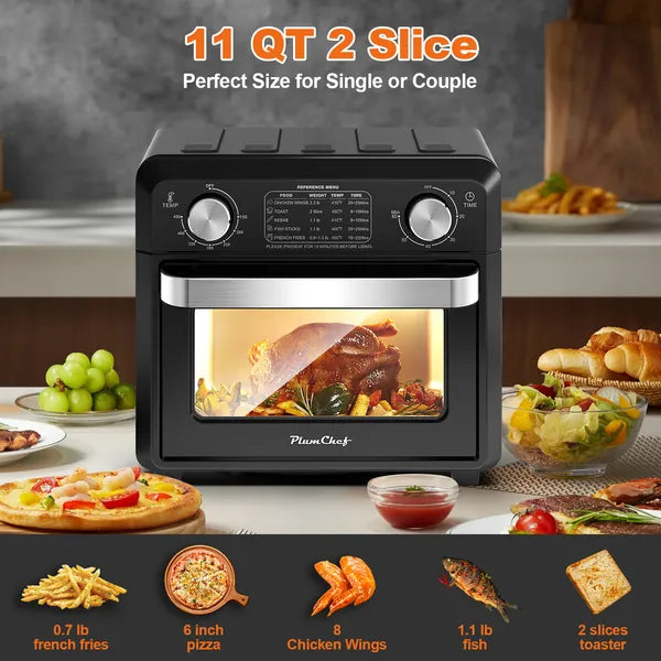 11QT Compact Air Fryer Toaster Oven, 1000W Convection Countertop Oven With Reference Menus, 2-Slice Toaster, Adjustable Time &amp; Temperature, Ideal For Singles &amp; Couples, Black