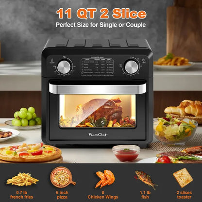 11QT Compact Air Fryer Toaster Oven, 1000W Convection Countertop Oven With Reference Menus, 2-Slice Toaster, Adjustable Time &amp; Temperature, Ideal For Singles &amp; Couples, Black