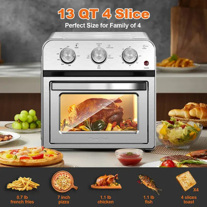 Family Size Air Fryer Toaster Oven Combo, 13QT, 360° Hot Air Circulation For Healthy Oil-Free Cooking, Multifunctional Convection Contertop Oven, Adjustable Time &amp; Temp Control, Stainless Steel